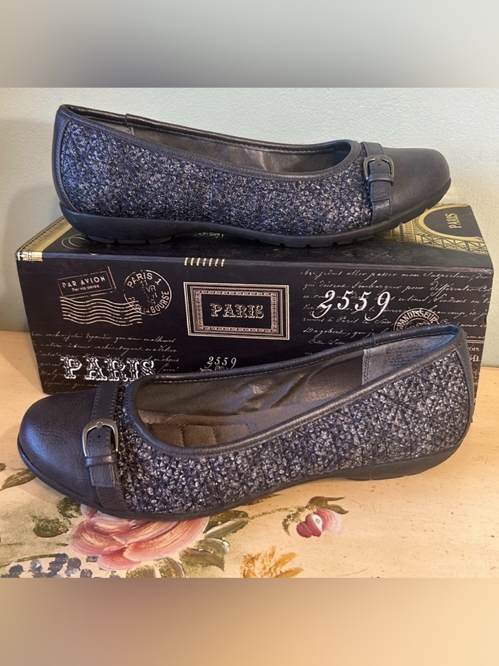 White Mountain Gray Black Tweed Faux Leather Flats